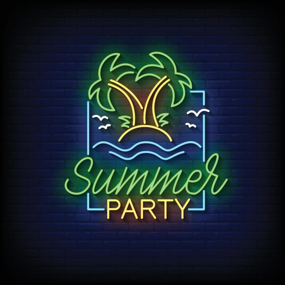 Summer Party Neon Sign On Brick Wall Background Vector