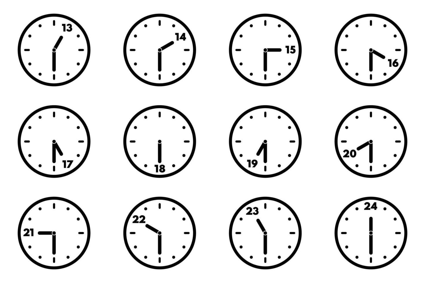 Set of analog clock icon for every hour and half. 24 hour clock. Half past hours version vector