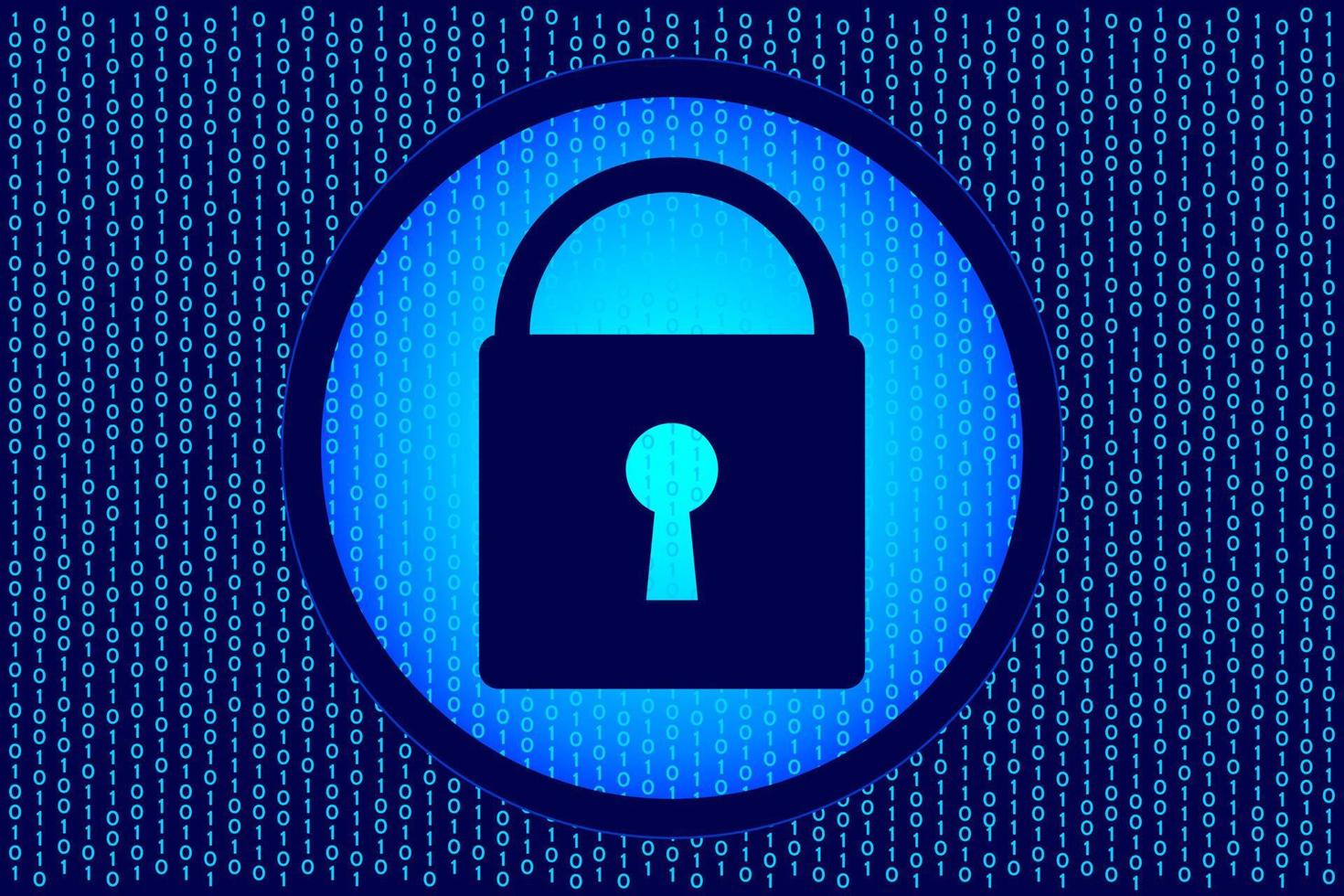 Cybersecurity and information protection concept. Locked padlock icon on binary code background vector
