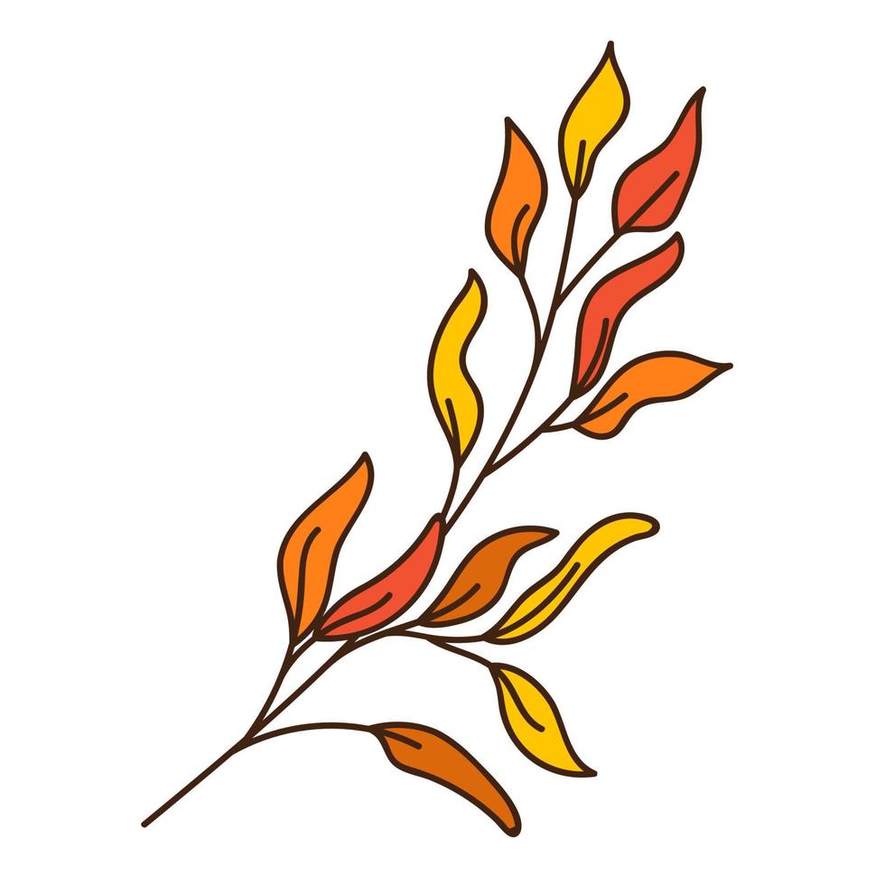 ramita abstracta roja y amarilla con hojas. una brizna de hierba. otoño. botánico, elemento de diseño vegetal con contorno. garabato, dibujado a mano. diseño plano. ilustración vectorial de color. aislado en blanco vector