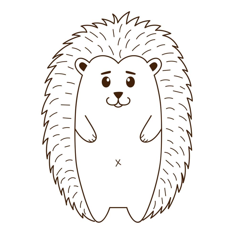 Cute hedgehog. A forest wild mammal. Nature. Decorative element with an outline. Doodle, hand-drawn. Black white vector illustration. Isolated on a white background