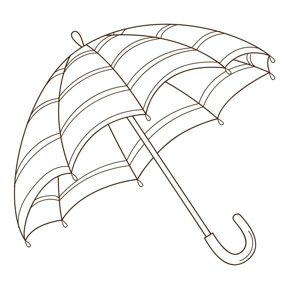 Open umbrella. Design element with outline. Autumn theme. Doodle, hand-drawn. Flat design. Black white vector illustration. Isolated on a white background