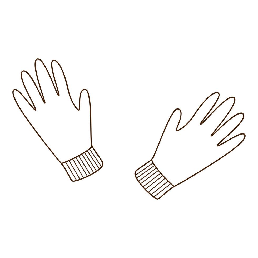 A pair of gloves. Autumn and winter clothing. Design element with outline. The theme of winter, autumn. Doodle, hand-drawn. Black white vector illustration. Isolated on a white background