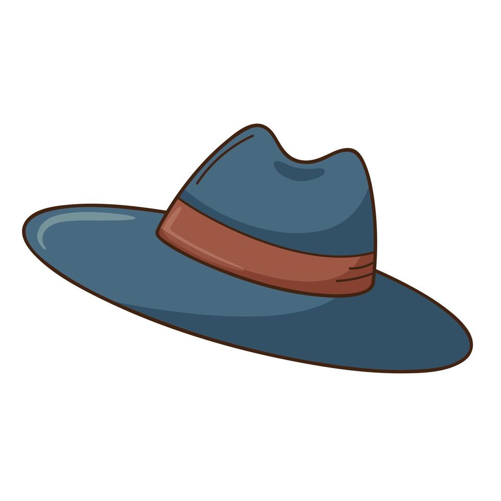 un sombrero azul con ala. tocado. elemento de diseño con contorno. el tema del invierno, el otoño. garabato, dibujado a mano. diseño plano. ilustración vectorial de color. Aislado en un fondo blanco. vector