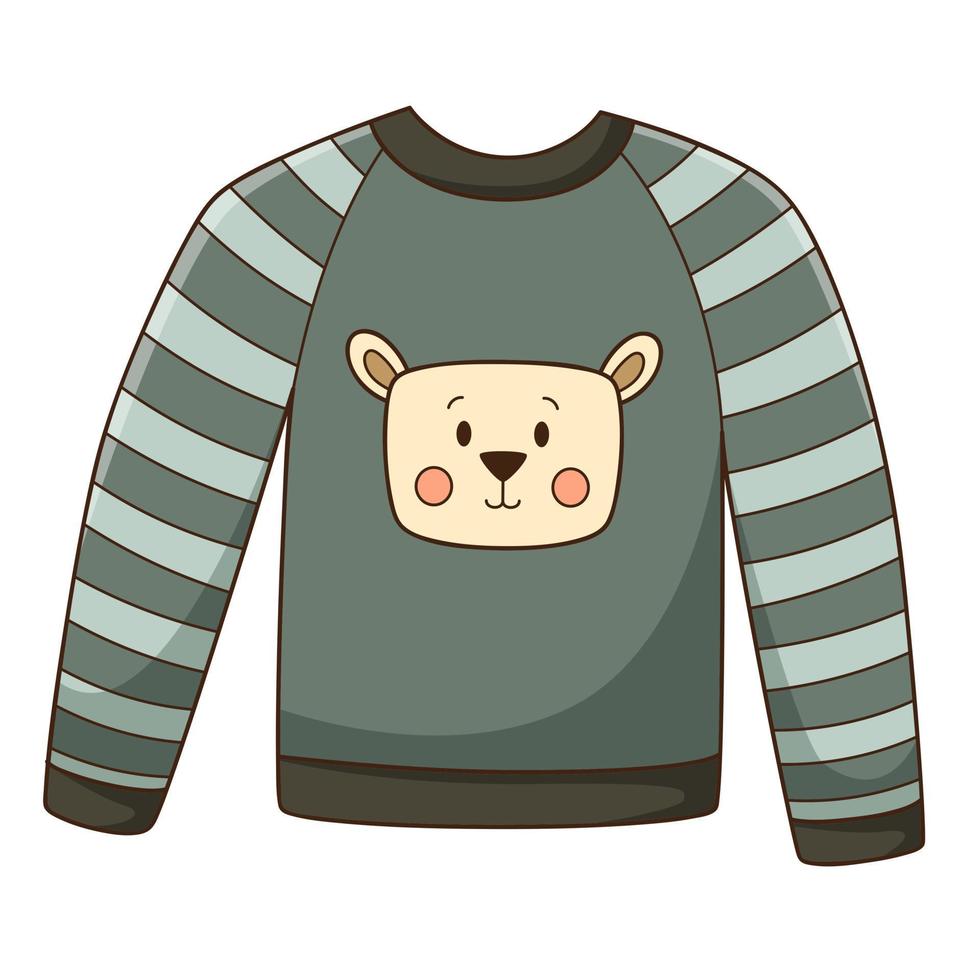 Jacket with a cute bear. Warm sweater, pajamas. Autumn clothing. Design element with outline. Autumn theme. Doodle, hand-drawn. Flat design. Color vector illustration. Isolated on a white background.