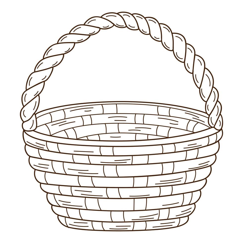 An empty wicker basket. Decorative element with an outline. Doodle, hand-drawn. Black white vector illustration. Isolated on a white background