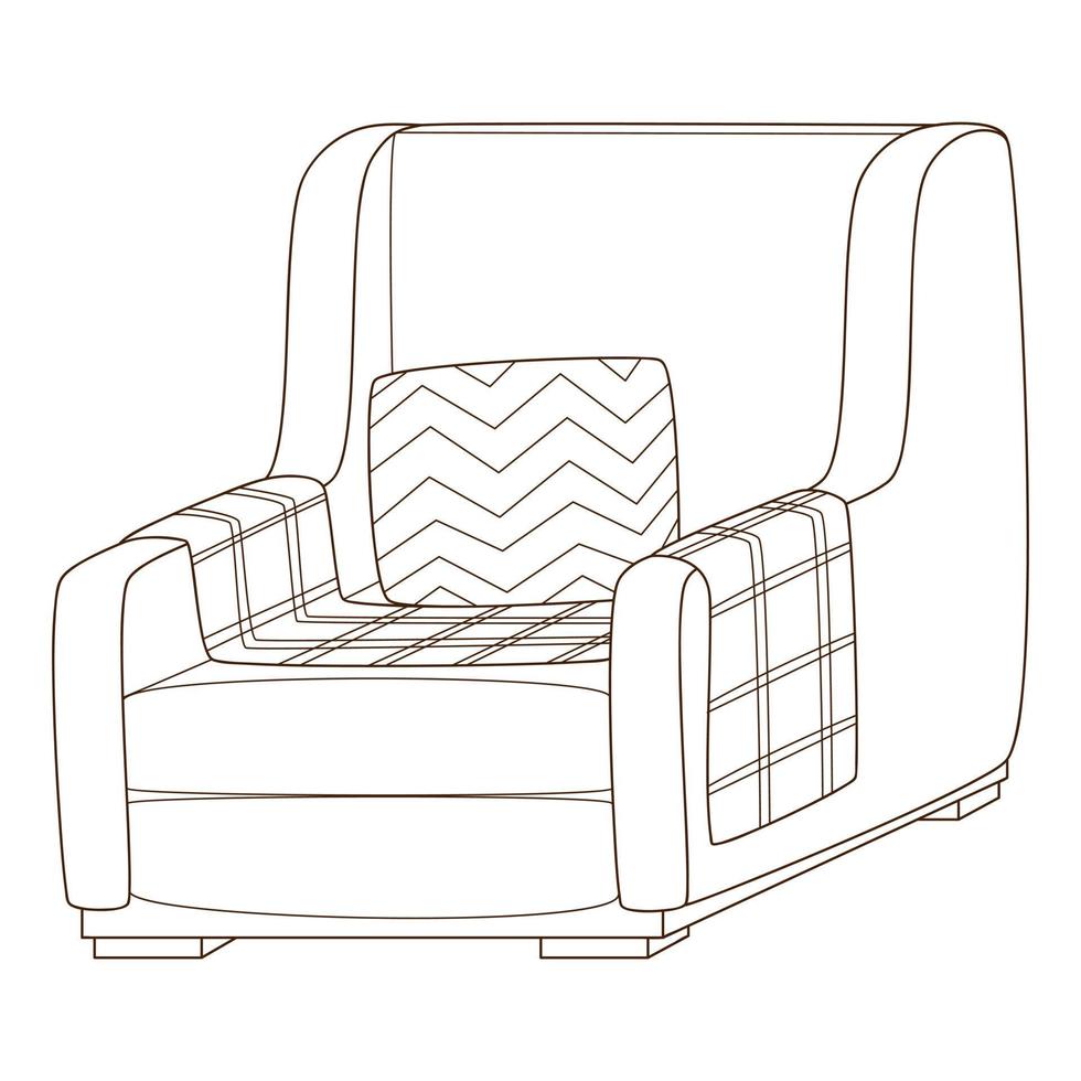 A armchair with a blanket and a pillow. An interior item. Home furniture. Design element with outline. Doodle, hand-drawn. Black white vector illustration. Isolated on a white background