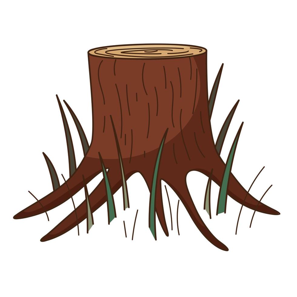 A stump of a tree. Forest, nature. Decorative element with an outline. Doodle, hand-drawn. Flat design. Color vector illustration. Isolated on a white background.