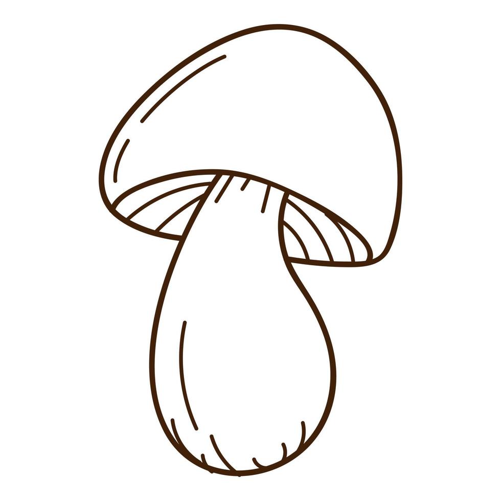 Forest mushroom with a cap, black birch. A symbol of the forest, autumn, and harvest. Design element with outline. Doodle, hand-drawn. Flat design. Black white vector illustration. Isolated on white