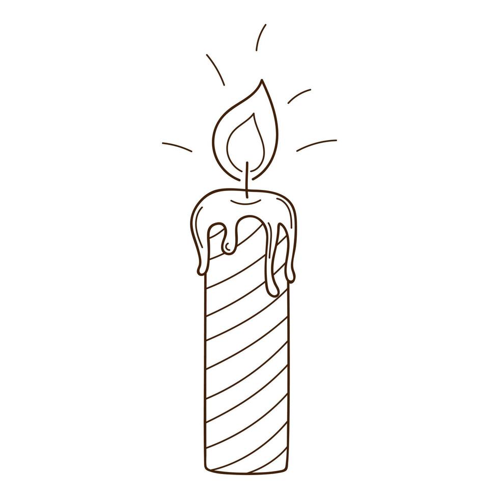 Decorative candle in stripes. A burning fire. Cozy home. Decorative design element with an outline. Doodle, hand-drawn. Black white vector illustration. Isolated on a white background