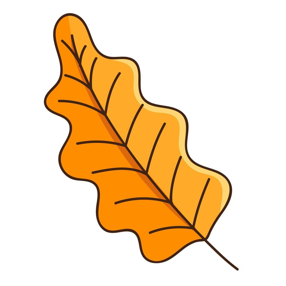 Yellow oak autumn leaf. Botanical, plant design element with outline. Autumn time. Doodle, hand-drawn. Flat design. Color vector illustration. Isolated on a white background.