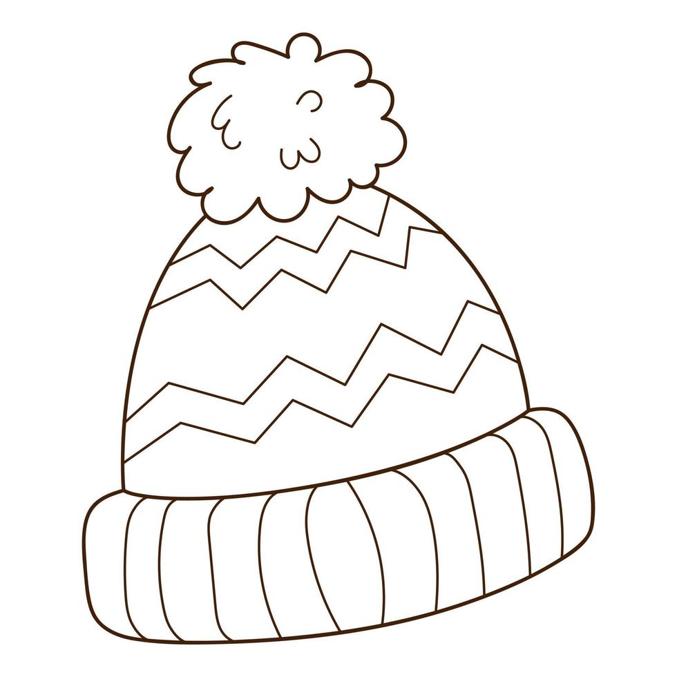 A hat with a pompom. Autumn and winter clothing. Design element with outline. The theme of winter, autumn. Doodle, hand-drawn. Black white vector illustration. Isolated on a white background