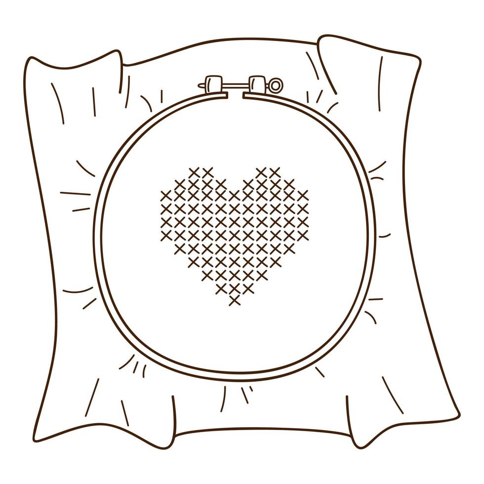 Embroidery on the hoop. A heart embroidered with a cross. Needlework. Design element with outline. Doodle, hand-drawn. Black white vector illustration. Isolated on a white background