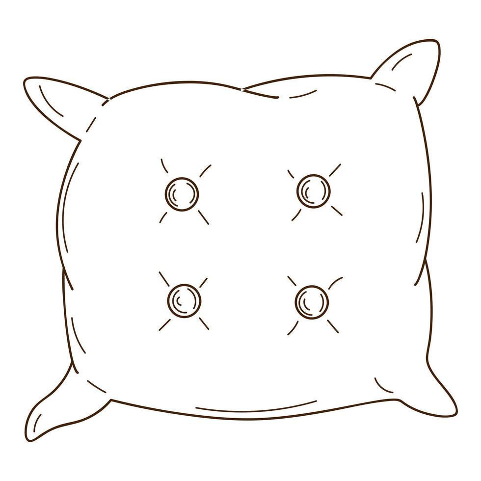 Sofa cushion with buttons. A home decor item. Design element with outline. Doodle, hand-drawn. Black white vector illustration. Isolated on a white background