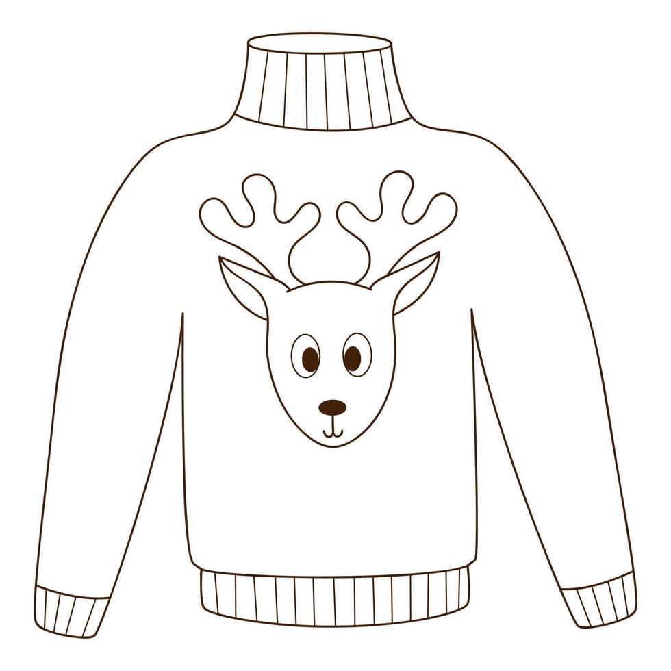 Jacket with a cute deer. A warm sweater. Autumn clothing. Design element with outline. Autumn theme. Doodle, hand-drawn. Black white vector illustration.Isolated on a white background.