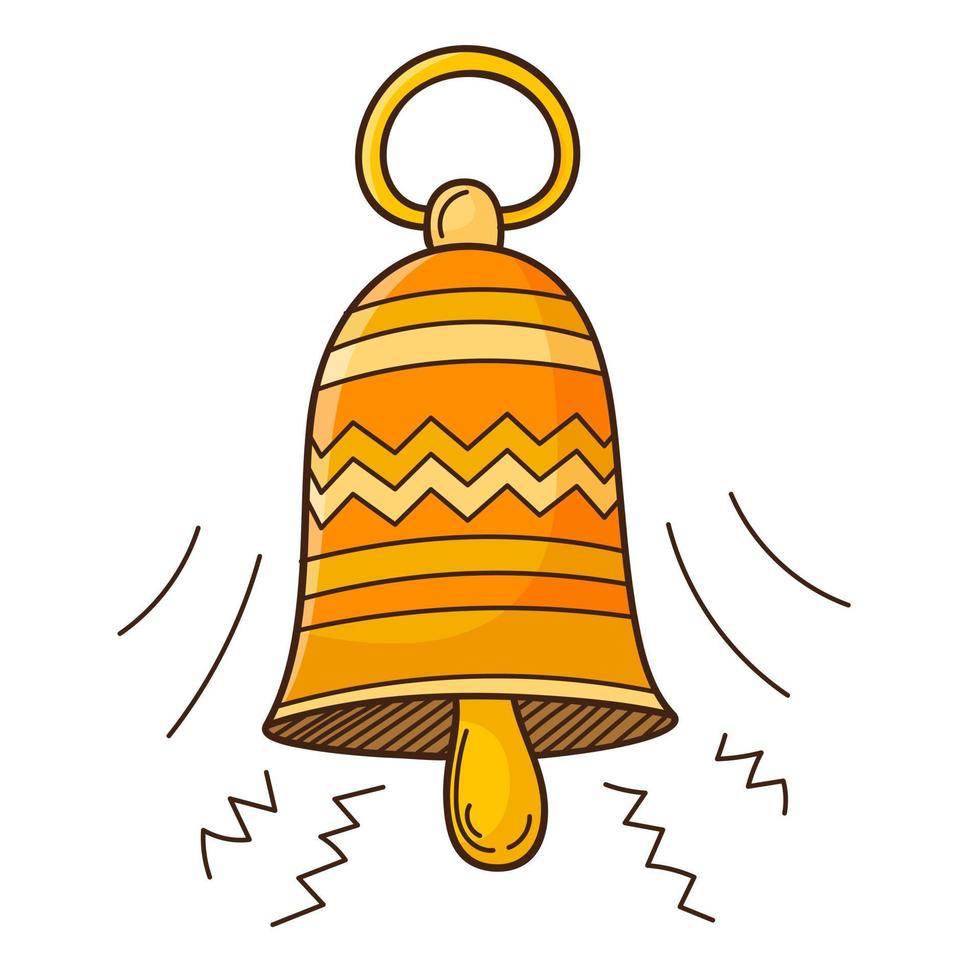 A tinkling yellow little bell. Design element with outline. Doodle, hand-drawn. Flat design. Color vector illustration. Isolated on a white background.