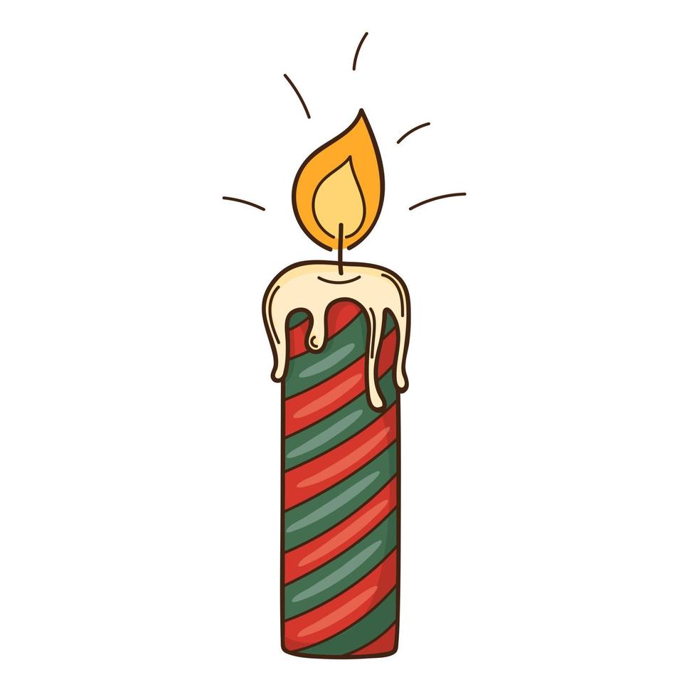 Decorative candle in stripes. A burning fire. Cozy home. Decorative design element with an outline. Doodle, hand-drawn. Flat design. Color vector illustration. Isolated on a white background