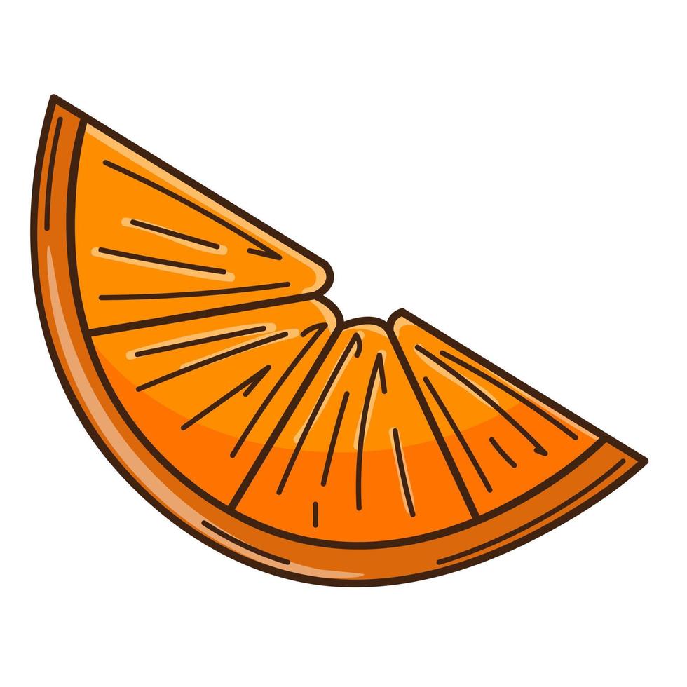 A slice of orange. Food design element with outline. Doodle, hand-drawn. Flat design. Color vector illustration. Isolated on a white background.