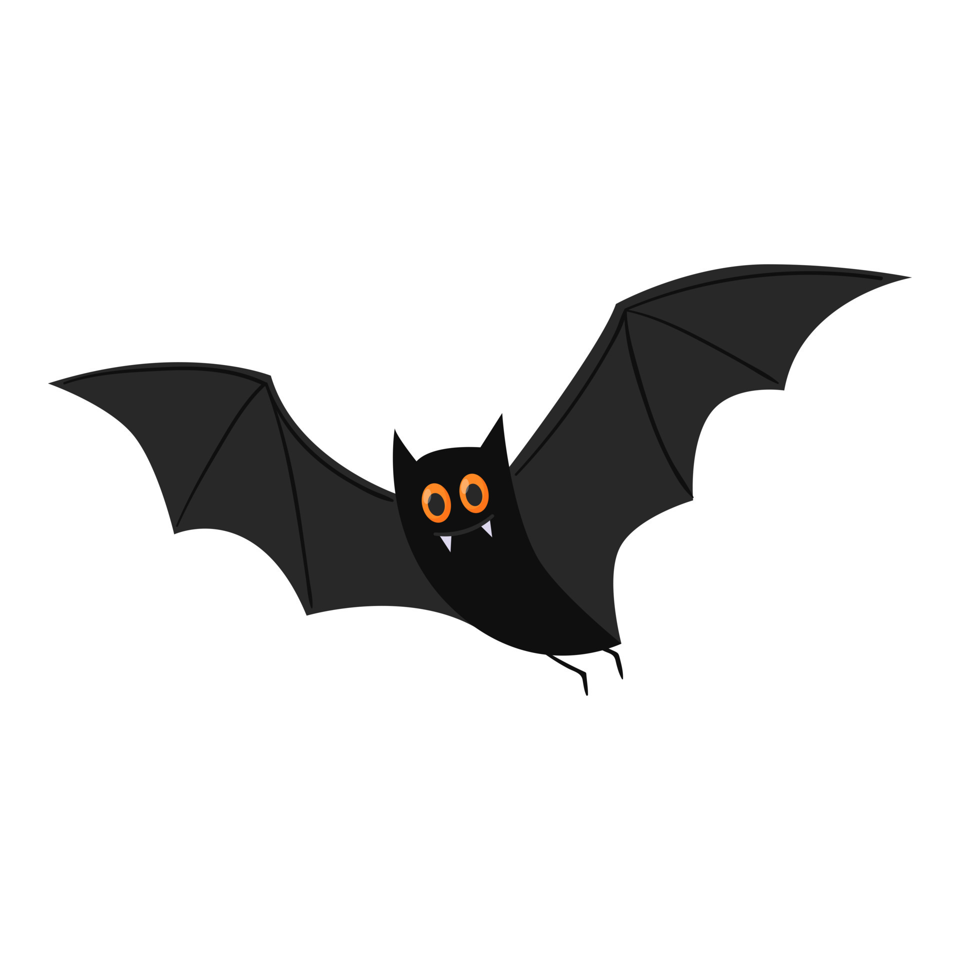 A flying bat with yellow eyes and white vampire fangs. Flat cartoon