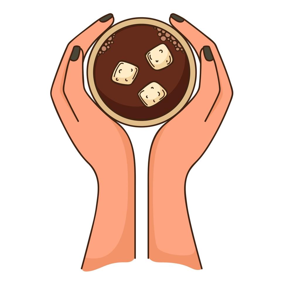 A cup of coffee with marshmallows in a woman's hands. Top view. Design element with outline. Doodle, hand-drawn. Flat design. Color vector illustration. Isolated on a white background.