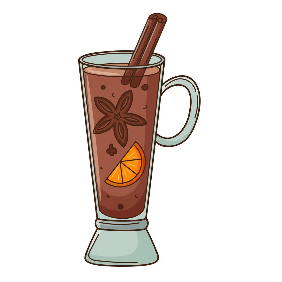 A glass of mulled wine with orange, cinnamon and star anise. A hot, warming drink. Design element with outline. Doodle, hand-drawn. Flat design. Color vector illustration. Isolated on white background