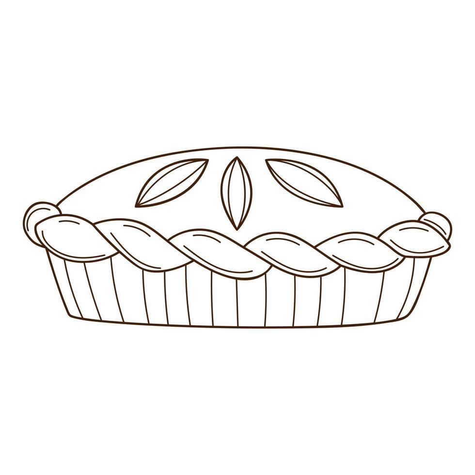 Ready-made homemade cake. Baking, food. Design element with outline. Doodle, hand-drawn. Black white vector illustration. Isolated on a white background