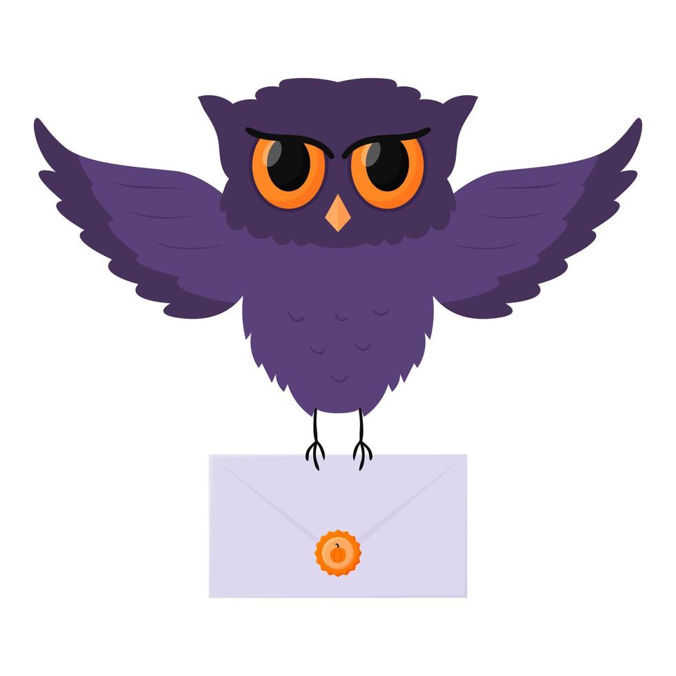 A flying owl holds an envelope, a letter vector