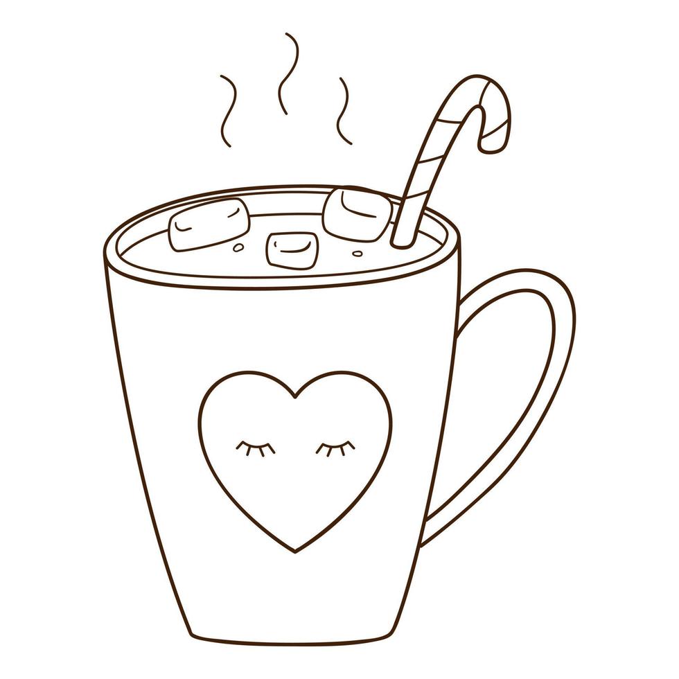 una taza de chocolate caliente con malvaviscos y un bastón de caramelo. una bebida matutina caliente y vigorizante. elemento de diseño con contorno. garabato, dibujado a mano. ilustración vectorial en blanco y negro. aislado en blanco vector