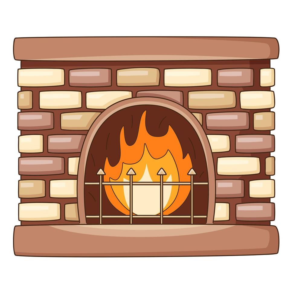 Home brick fireplace with a burning fire. Cozy home, a symbol of autumn. Design element with outline. Doodle, hand-drawn. Flat design. Color vector illustration. Isolated on a white background.