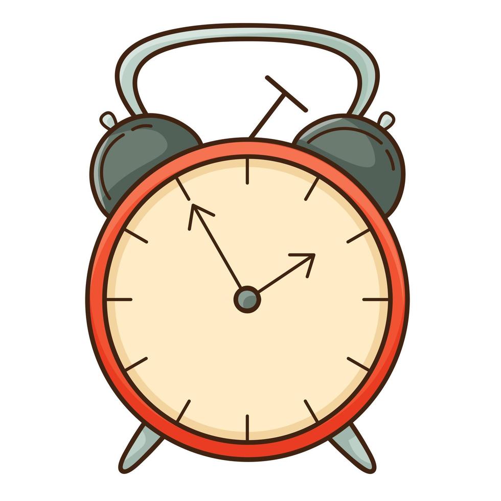 Classic mechanical alarm clock with a hammer. Design element with outline. Doodle, hand-drawn. Flat design. Color vector illustration. Isolated on a white background.