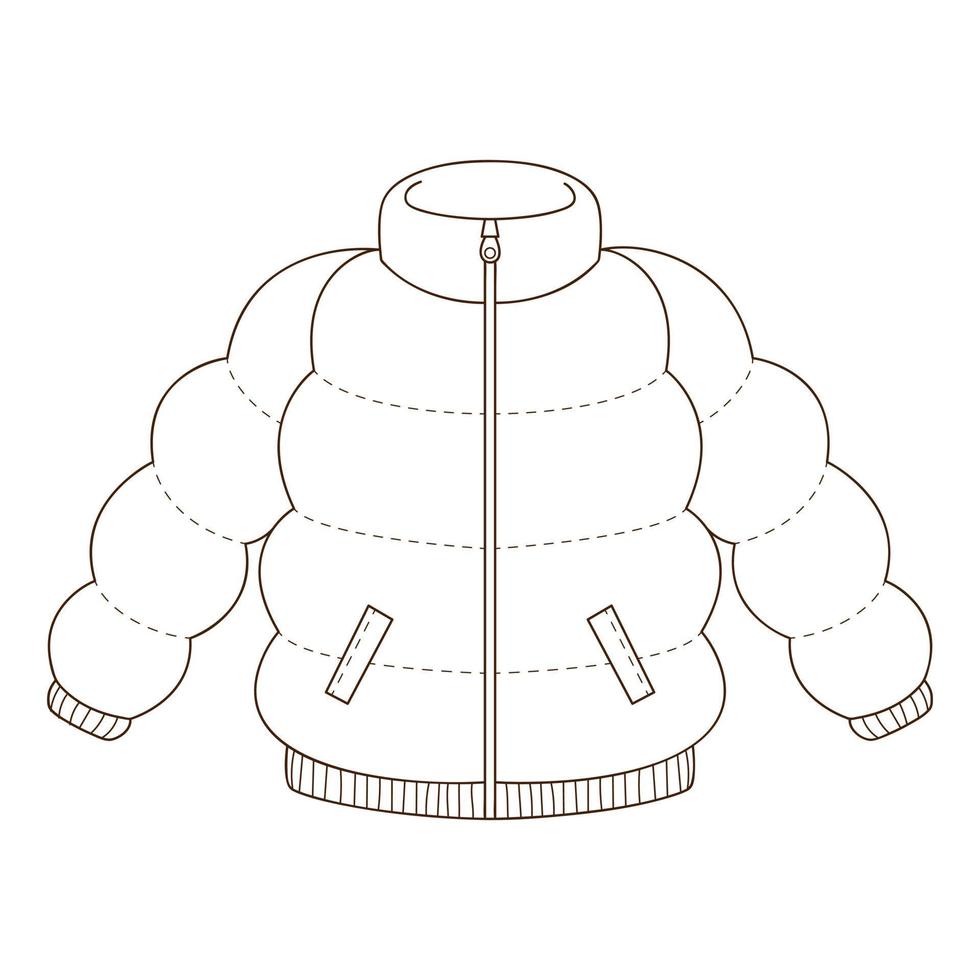 Down jacket. Autumn outerwear. Design element with outline. Autumn theme. Doodle, hand-drawn. Black white vector illustration. Isolated on a white background
