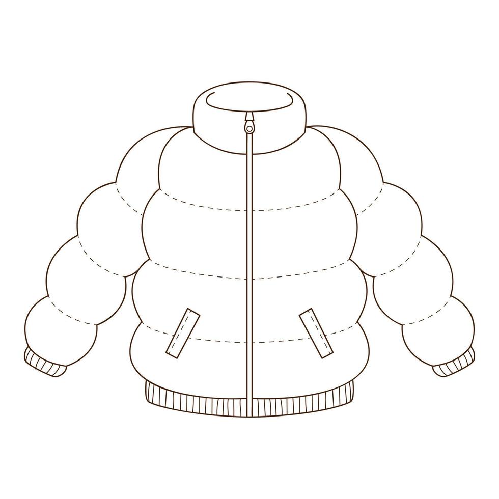 chaqueta de plumón prendas de vestir exteriores de otoño. elemento de diseño con contorno. tema de otoño. garabato, dibujado a mano. ilustración vectorial en blanco y negro. Aislado en un fondo blanco vector