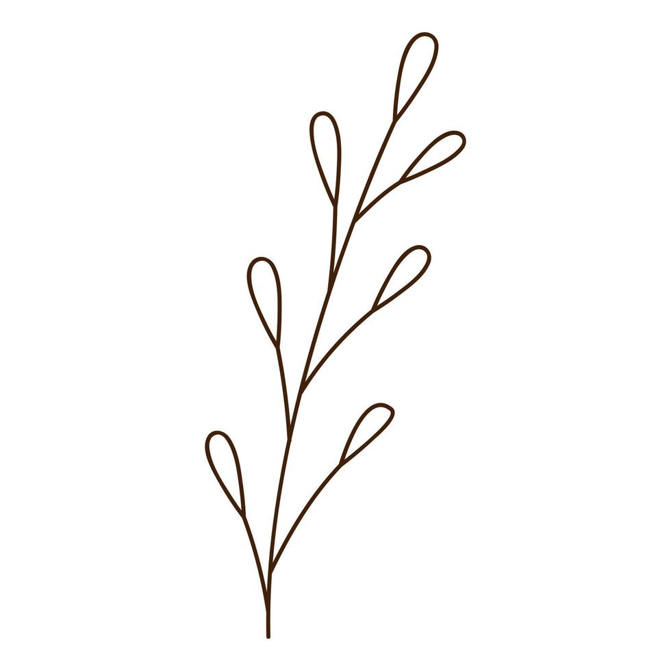 Abstract twig with leaves.A blade of grass. Autumn time. Botanical, plant design element with outline. Doodle, hand-drawn. Flat design. Black white vector illustration. Isolated on a white background