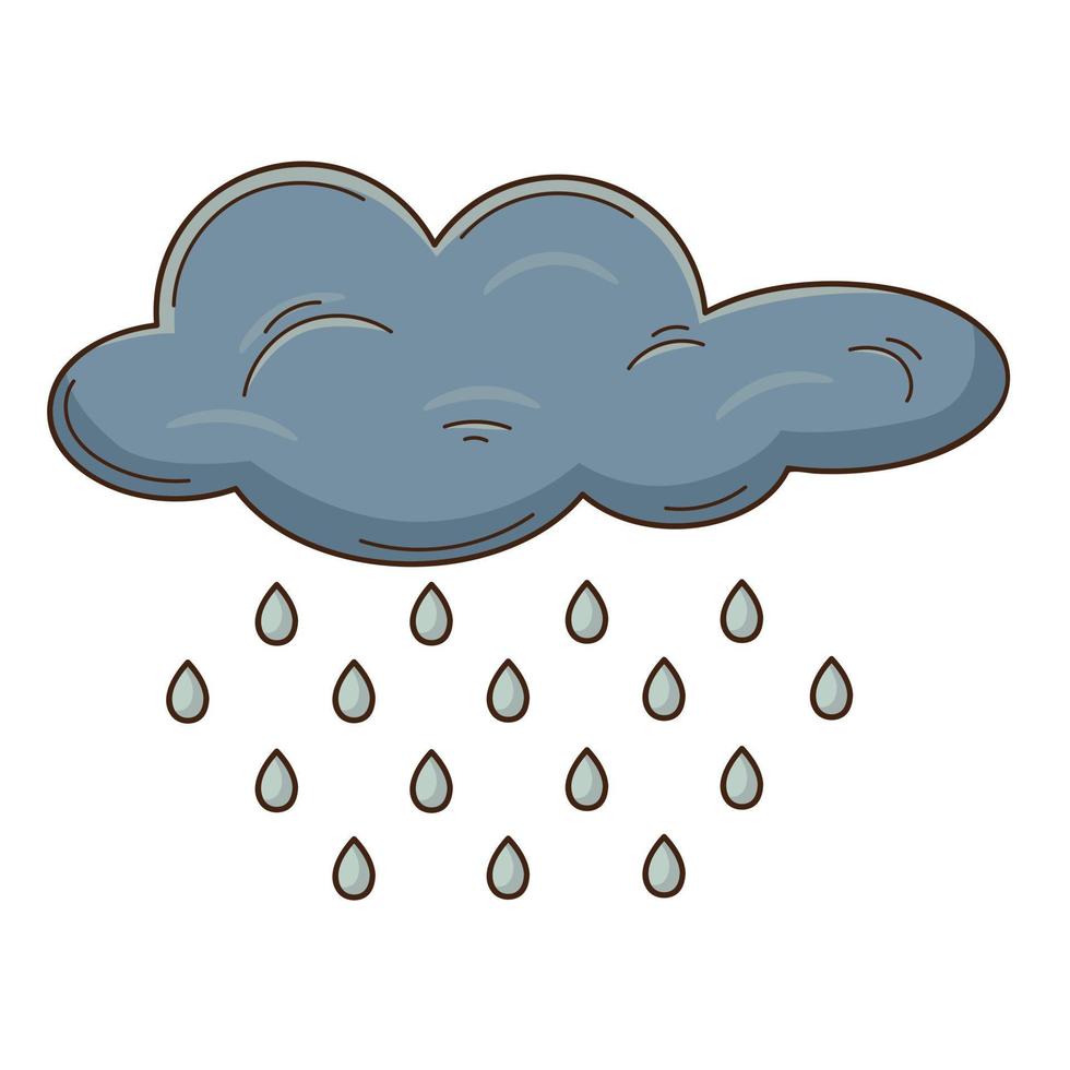 A cloud with raindrops. A weather phenomenon. Design element with outline. Autumn theme. Doodle, hand-drawn. Flat design. Color vector illustration. Isolated on a white background