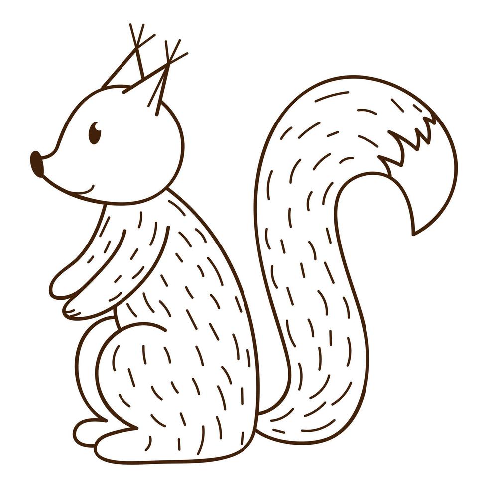 A simple cute squirrel. A forest wild mammal. Decorative element with an outline. Doodle, hand-drawn. Black white vector illustration. Isolated on a white background