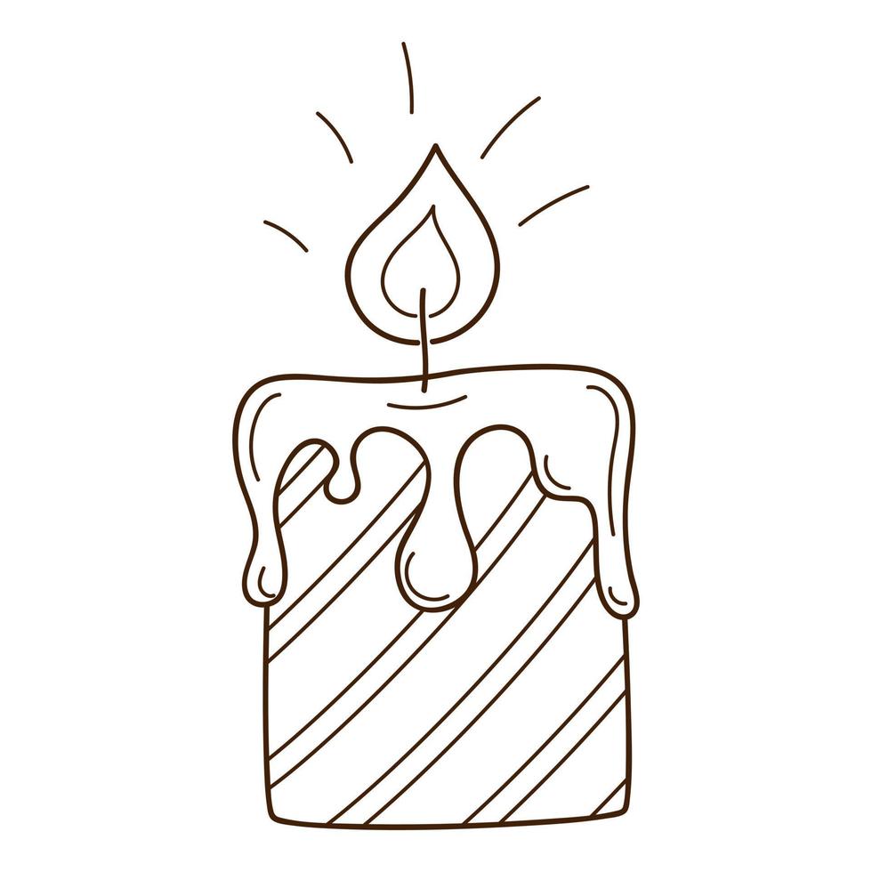 Decorative candle in stripes. A burning fire. Cozy home. Decorative design element with an outline. Doodle, hand-drawn. Black white vector illustration. Isolated on a white background.