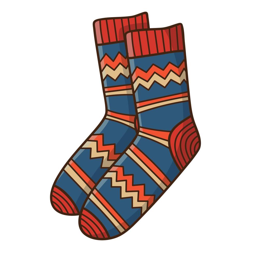 A pair of warm patterned socks. Autumn and winter clothing. Design element with outline. The theme of winter, autumn. Doodle, hand-drawn. Flat design. Color vector illustration. Isolated on white.