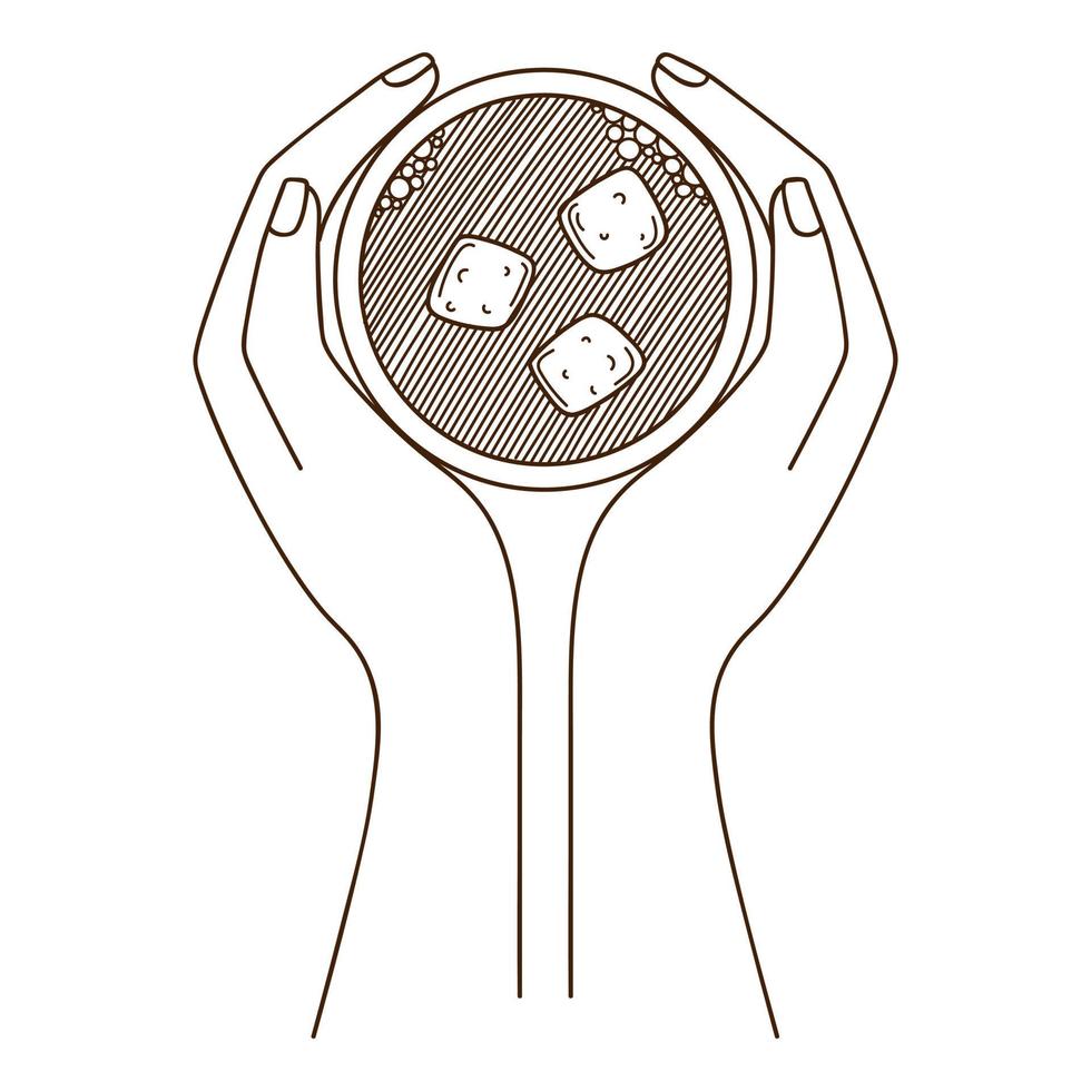 A cup of coffee with marshmallows in a woman's hands. Top view. Design element with outline. Doodle, hand-drawn. Black white vector illustration. Isolated on a white background