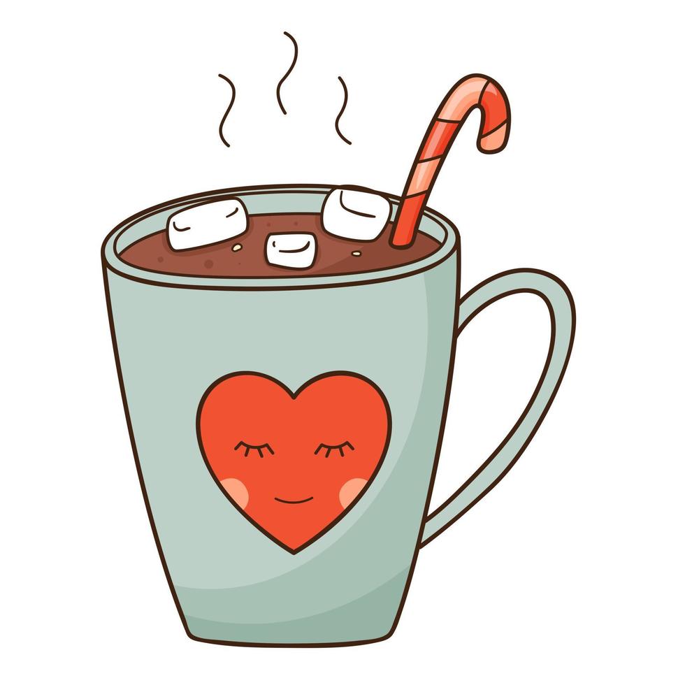 A cup of hot cocoa with marshmallows and a candy cane. A hot, invigorating, morning drink. Design element with outline. Doodle, hand-drawn. Flat design. Color vector illustration. Isolated on white.