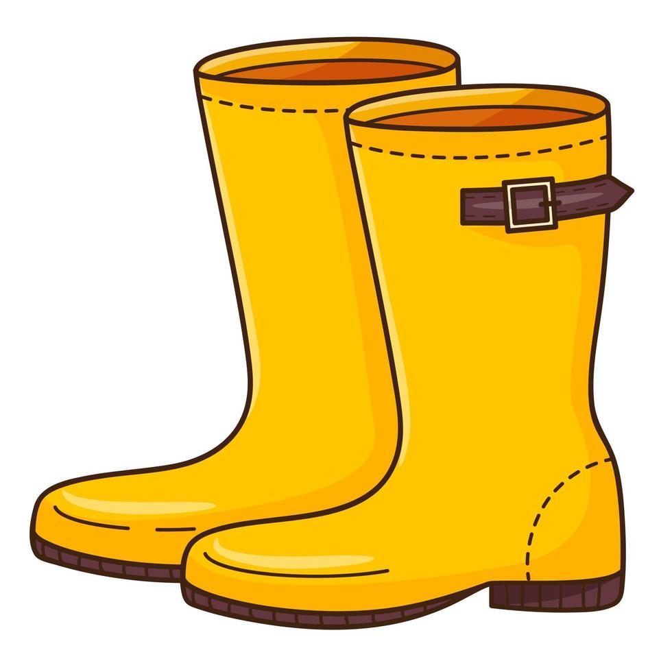 Yellow rubber boots with a strap. Footwear.. Design element with outline. The theme of winter, autumn. Doodle, hand-drawn. Flat design. Color vector illustration. Isolated on a white background.