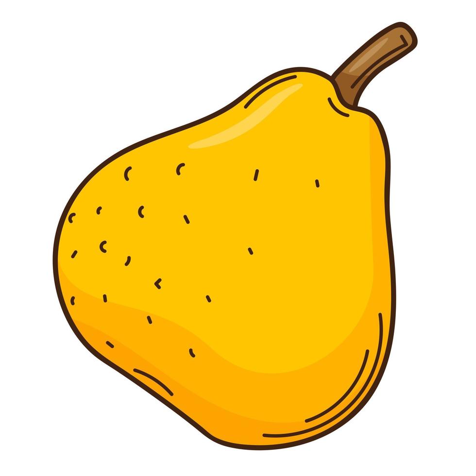 Yellow pear. Ripe fruit. A symbol of autumn, harvest. Design element with outline. Doodle, hand-drawn. Flat design. Color vector illustration. Isolated on a white background.
