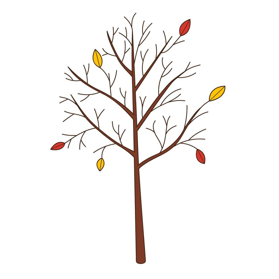 A bare tree with fallen leaves. Botanical, plant design element with outline. Doodle, hand-drawn. Flat design. Color vector illustration. Isolated on a white background.