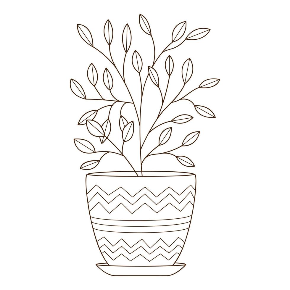 una planta de interior en una maceta con un patrón. elemento de diseño decorativo con un contorno. garabato, dibujado a mano. ilustración vectorial en blanco y negro. Aislado en un fondo blanco vector