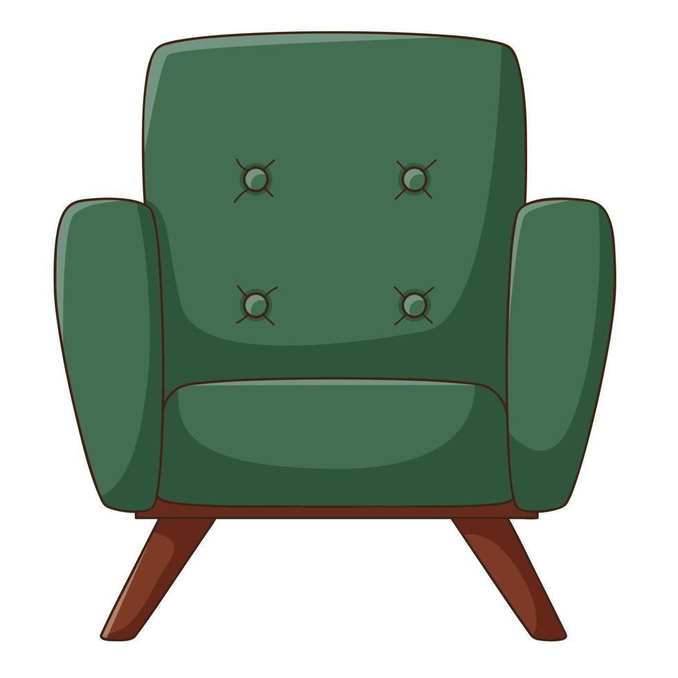 An empty green chair. Front view. An interior item. Home furniture. Design element with outline. Doodle, hand-drawn. Flat design. Color vector illustration. Isolated on a white background.