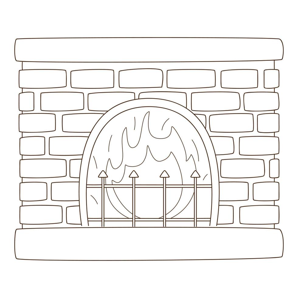 Home brick fireplace with a burning fire. Cozy home, a symbol of autumn. Design element with outline. Doodle, hand-drawn. Black white vector illustration. Isolated on a white background