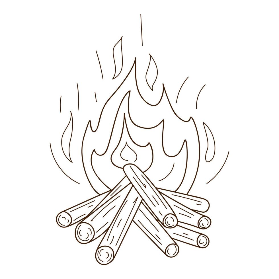 A wood-burning bonfire. Camping, picnic, burning flame. Decorative element with an outline. Doodle, hand-drawn. Black white vector illustration. Isolated on a white background.