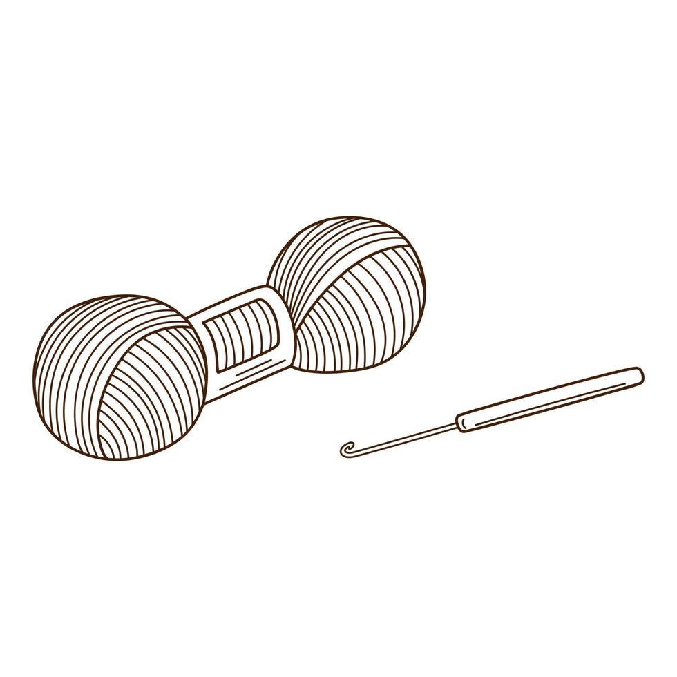 A skein of yarn and a knitting hook. Needlework, knitting. Design element with outline. Doodle, hand-drawn. Black white vector illustration. Isolated on a white background