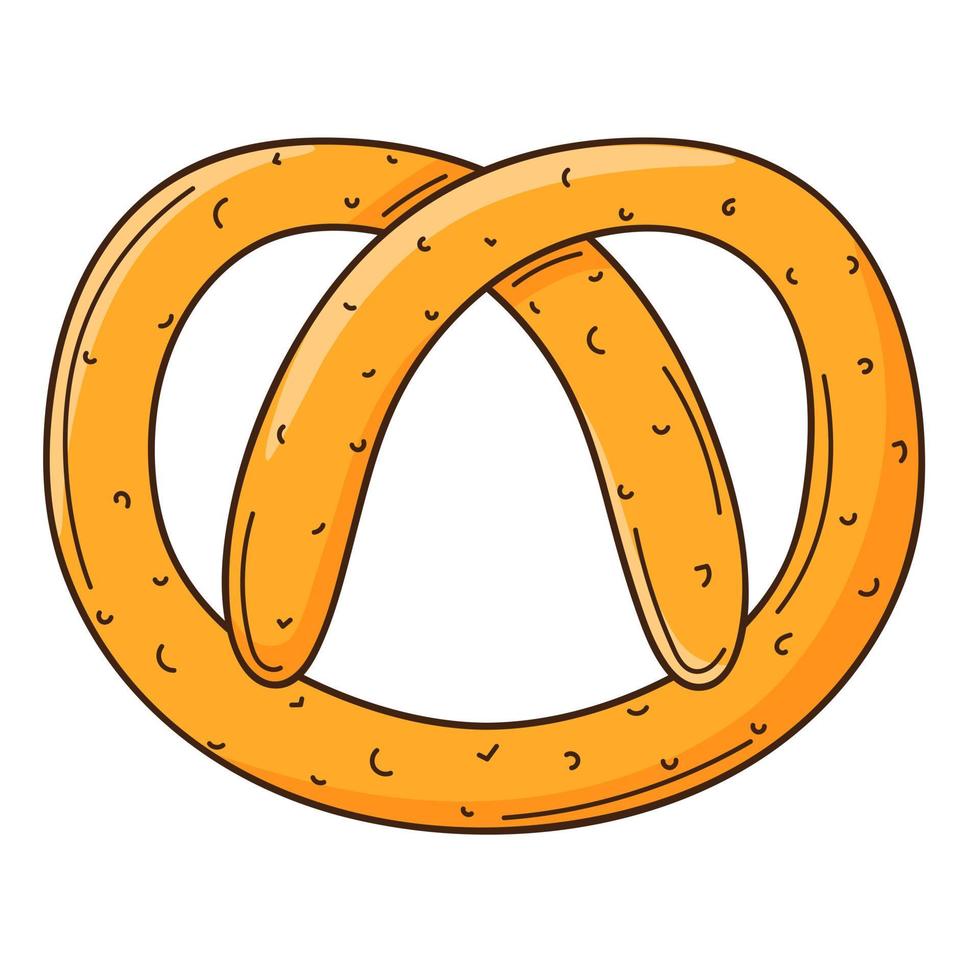 Pretzel. Bakery product. Food design element with outline. Doodle, hand-drawn. Flat design. Color vector illustration. Isolated on a white background