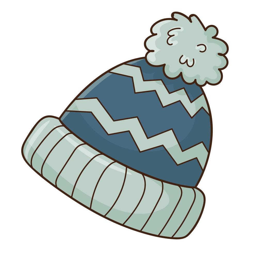 Blue hat with a pompom. Autumn and winter clothing. Design element with outline. The theme of winter, autumn. Doodle, hand-drawn. Flat design.Color vector illustration. Isolated on a white background.