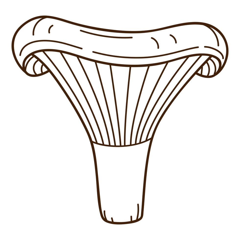 Forest mushroom, chanterelle mushroom. A symbol of the forest, autumn, and harvest. Design element with outline. Doodle, hand-drawn. Flat design. Black white vector illustration. Isolated on white.